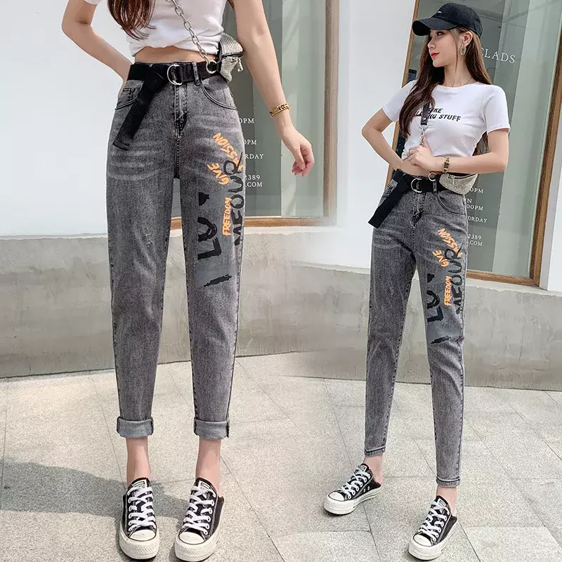 Pasek gratis kobiet koreańska moda list dżinsy z nadrukami wiosna jesień wysoka talia smukłe spodnie ołówkowe 2024 kobieta Plus rozmiar Grey Jeans