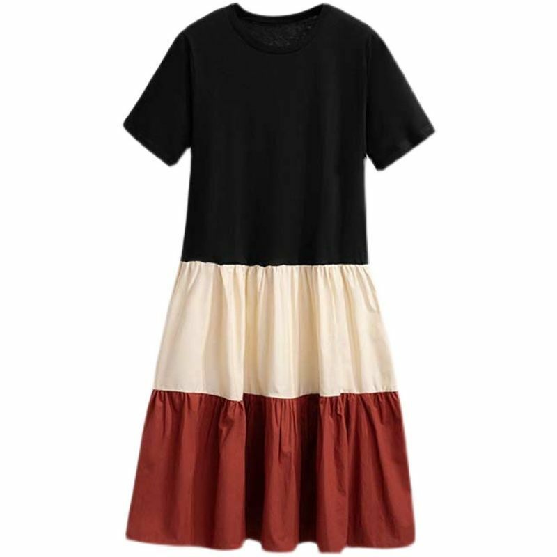 Fashionable Casual Dress for Women in Spring and Summer Contrasting Color Short Sleeved Age Reducing Elegant Women's Dress