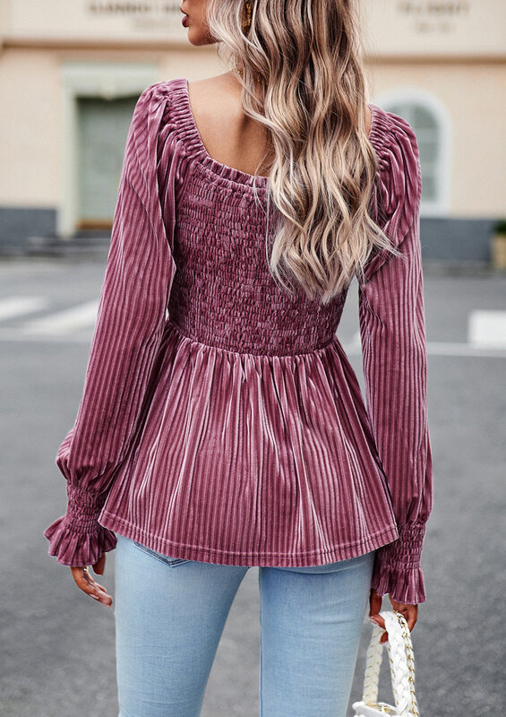 Aksamitna koszula damski jesienno-zimowy Temperament dojeżdżający rękawy typu lampion kwadratowy dekolt elegancki sweter złożony Top