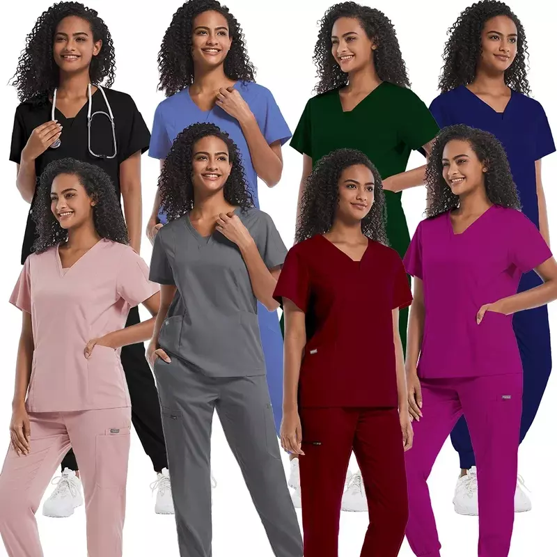 Unissex médico esfrega uniforme para mulheres, enfermeira esfrega conjunto, bolso, calças com zíper, 2 peças joggers ternos, enfermagem sala de cirurgia roupas