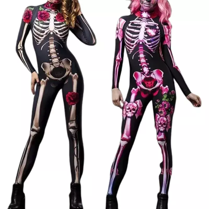 Women Halloween Cosplay Jumpsuits Funny Skeleton Bodysuit 3D Stretch Skinny Jumpsuit One Piece Outfit Catsuit for Adults