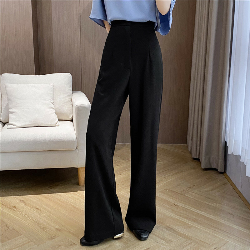 Весенние женские Костюмные брюки, черные прямые брюки с широкими штанинами, повседневный длинный тонкий Блейзер с высокой талией и драпировкой