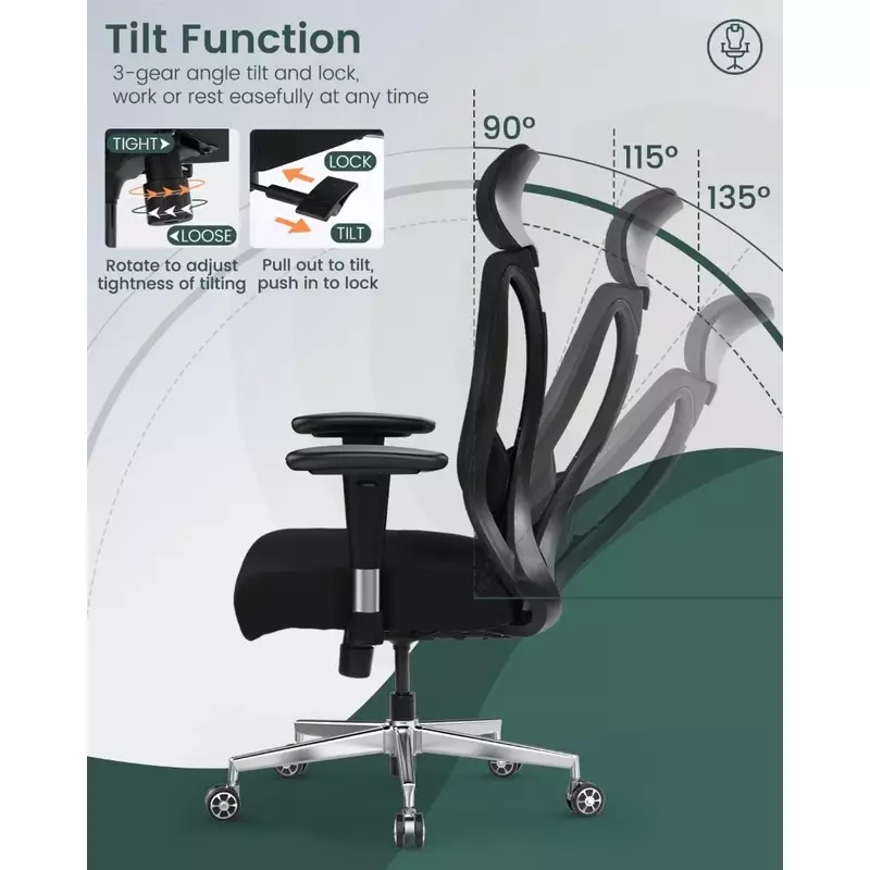 Kursi kantor, bahan tugas berat, sandaran tangan dapat disetel, kursi kantor rumah ergonomis dengan penyangga pinggang kuat, HITAM