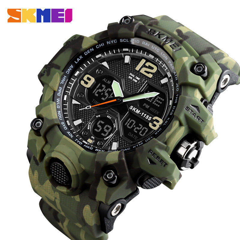 SKMEI-Relógios Digitais Militares Masculinos, 1155B Sport Watch, 5Bar Impermeável, Relógios de Pulso Dual Display