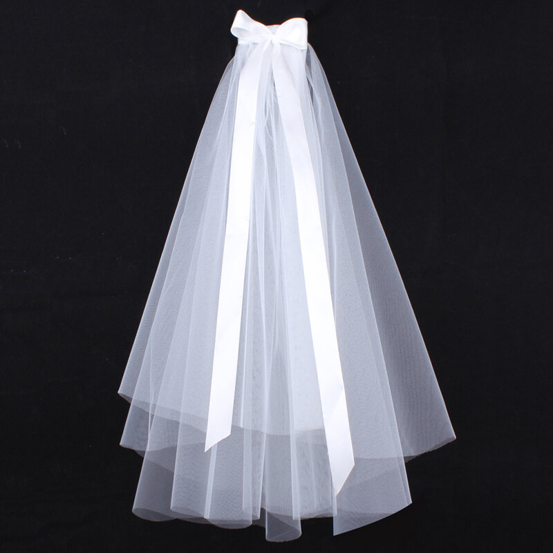 Simple White Wedding Veils สำหรับงานแต่งงาน2ชั้น Ivory สั้น Tulle ผ้าคลุมหน้าเจ้าสาวด้วย Bownet อุปกรณ์จัดงานแต่งงาน