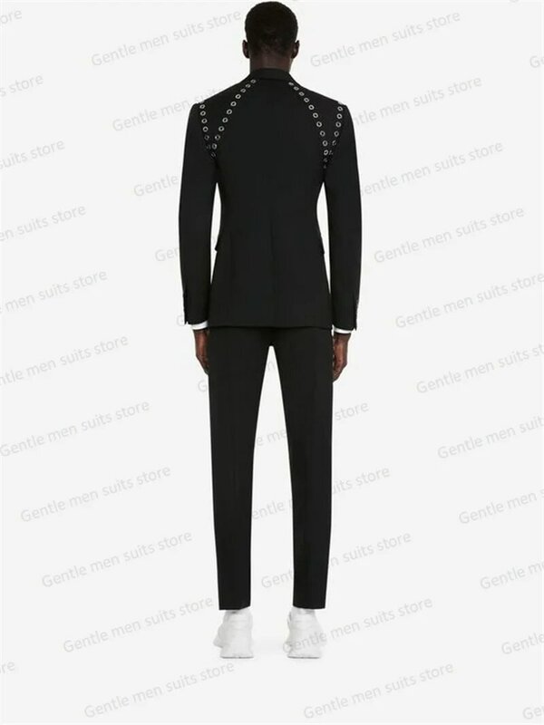 Black Men Suits Set 2 Piece Blazer+Pant Eyelet Prom Groom Wedding Tuxedo Coat Custom Made Formal Office Business Spring Jacket
