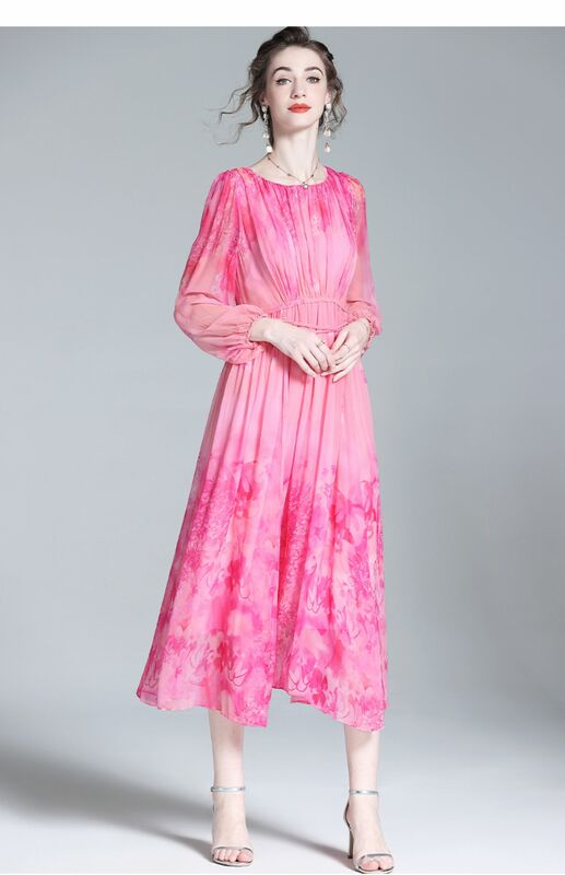 シルクの長袖ドレス,新春/夏の2023,誇張された妖精の種,色あせた花,シルクのウエスト,フレンチスタイル