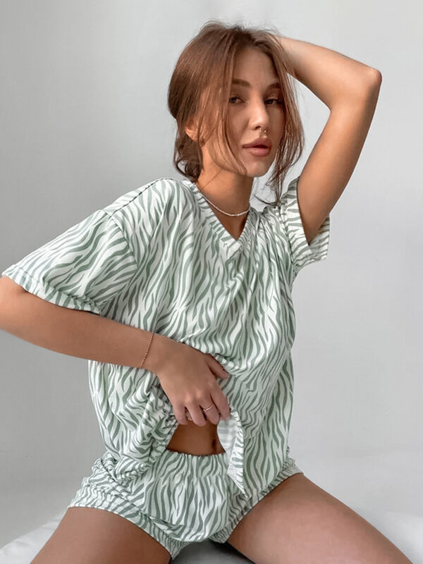 Marthaqiqi Casual Printing Women'S Nightgowns Set Short Sleeve Pajama O-Neck Sleepwear Shorts Summer Ladies Nightie 2 Piece Suit
