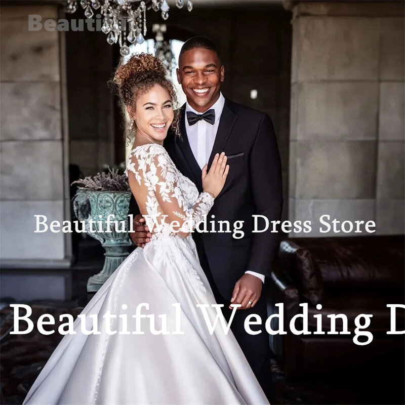 Eleganckie suknie ślubne damskie z dekoltem w serek długie rękawy koronkowe aplikacje o linii satynowe westidos 2024 suknia weselna