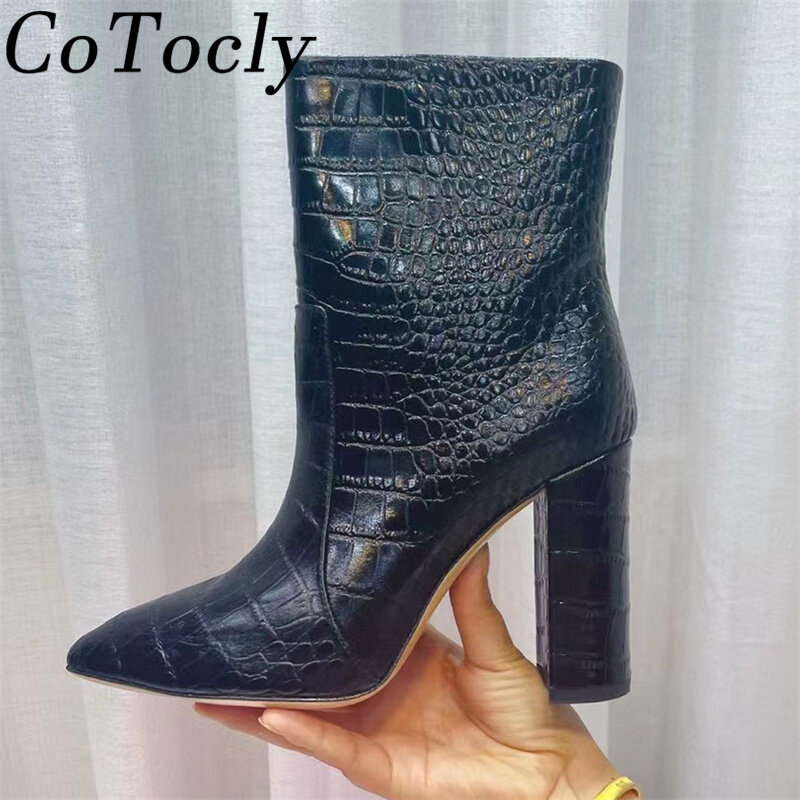 Fashion Chunky Heels Short Boots Woman Crocodile Pattern Leather Brand Women Boots Sexy High Heels Ankle Boots For Women Shoes
