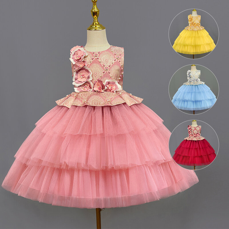 Gaun anak-anak, gaun putri, gaun kue berbulu anak perempuan motif bunga baru, gaun performa piano hosting anak perempuan