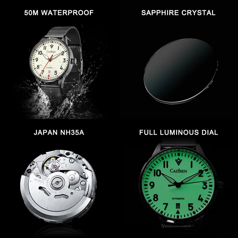 Cadisen relógio de pulso automático masculino, luminoso, aço inoxidável, com safira, à prova d'água, com cinto de malha, mecânica, nh35a