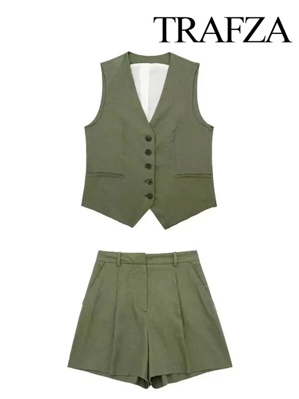 TRAFZA 2023 Women Elegant Solid Button Sleeveless Linen Shorts Set Vintage Casual V Neck Chic Vest Set Women's Office Lady Suit