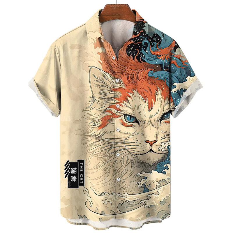 3D 동물 고양이 프린트 반팔 하와이안 셔츠, 여름 해변 꽃무늬 라펠 셔츠, 남성 스트리트웨어 상의, 블라우스 의류