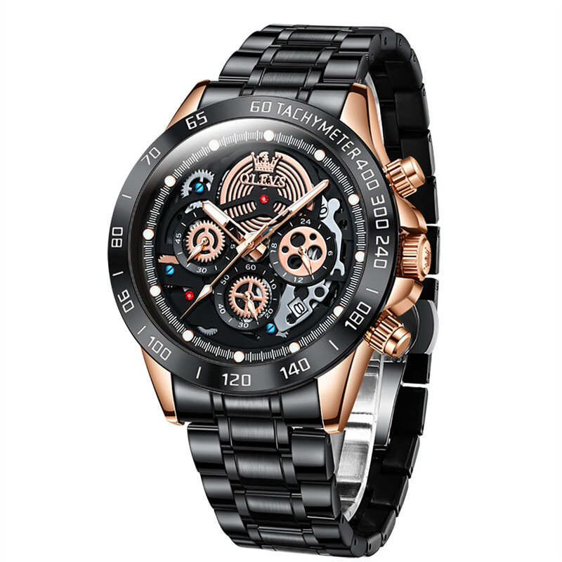 OLEVS-Relógio de quartzo impermeável masculino com pulseira preta aço, data luminosa, marca de luxo, design original