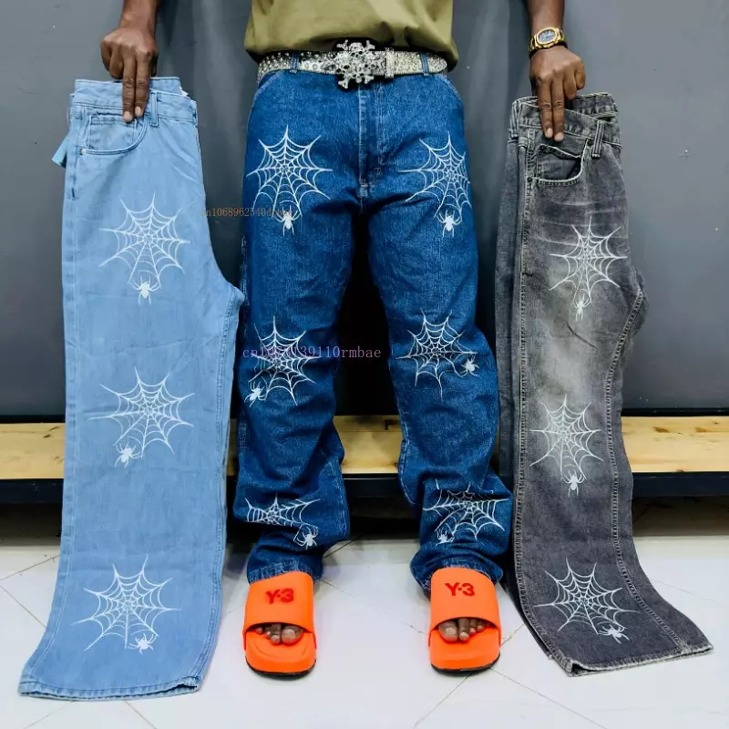 Y2k American Retro Jeans Men Women Ins Tide Net Red Gangster Handsome Straight Jeans Summer Loose Pattern Printing Couple Pants