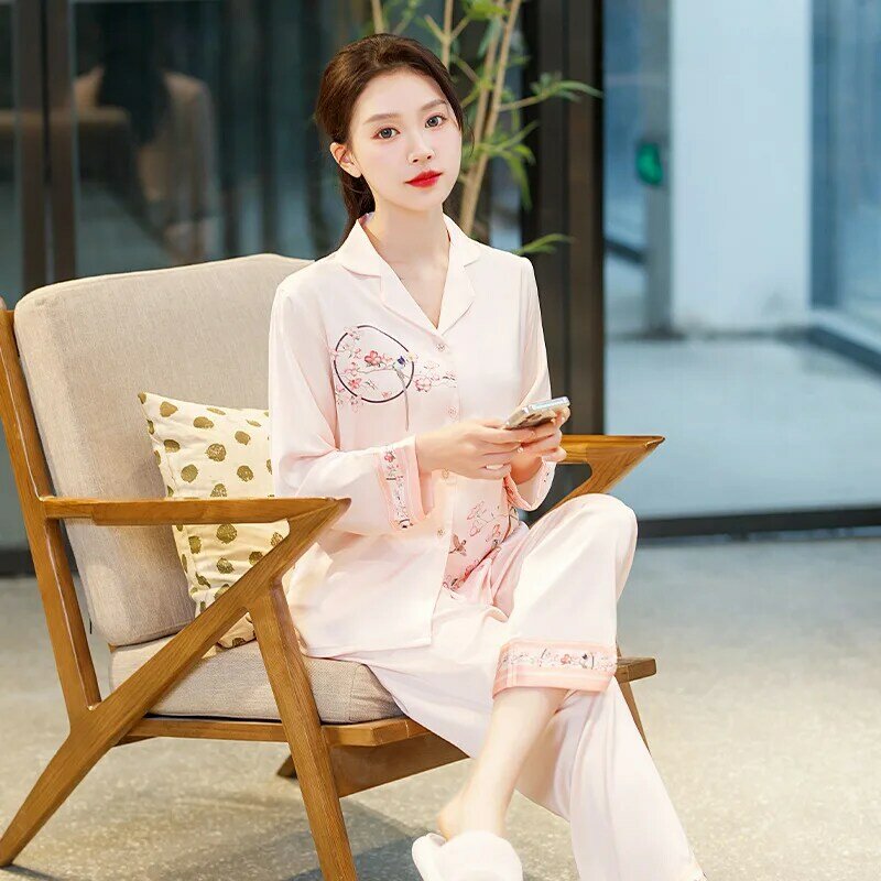 Conjunto de pijamas simples e fresco, cardigã feminino de seda gelo de alta qualidade, roupa para casa retrô, estilo chinês, novo, primavera e outono
