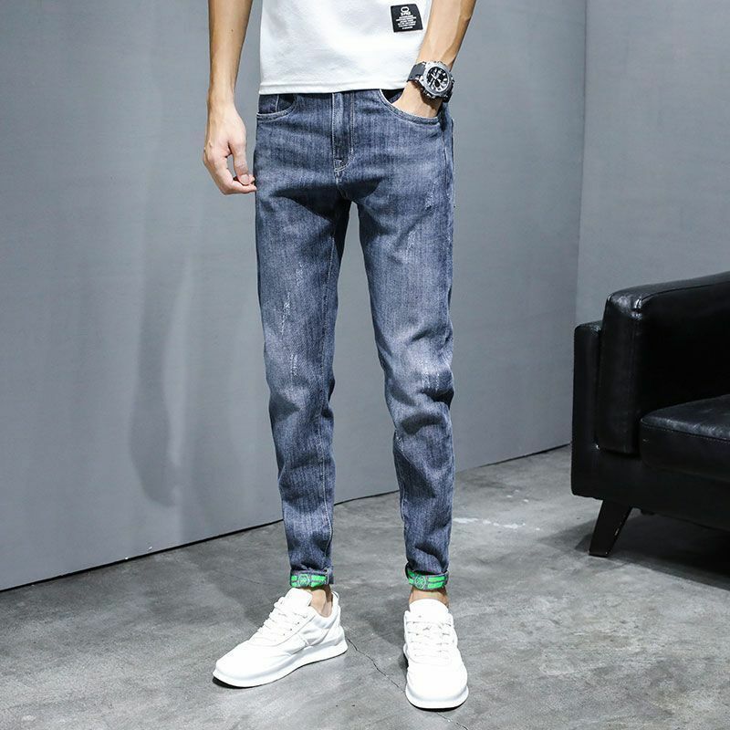 Jeans jeans slim fit masculino, calça lápis casual, moda coreana, streetwear elástico, roupas de grife, calças skinny, primavera, verão