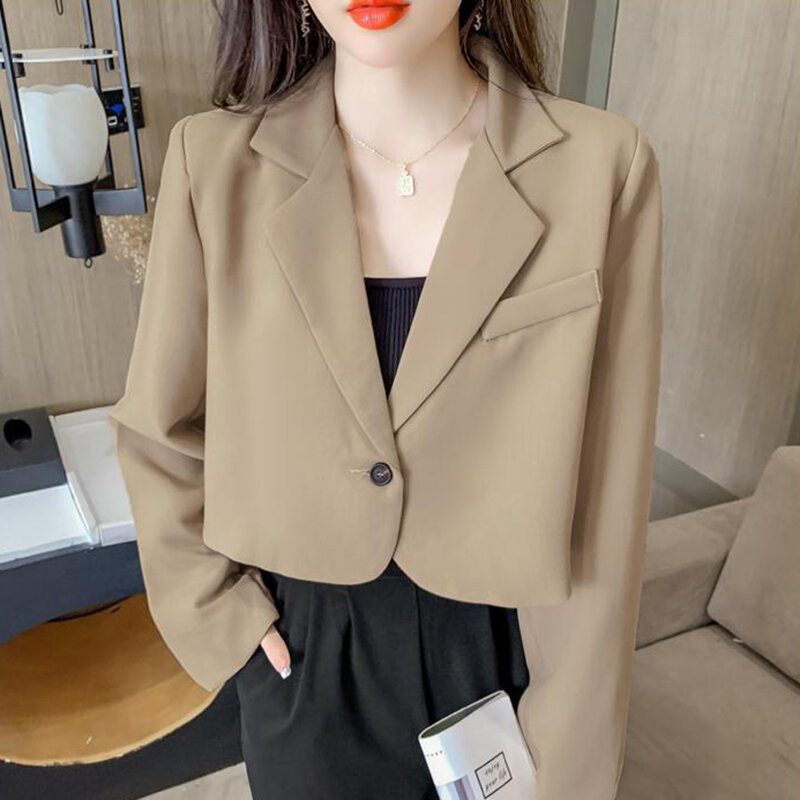 Blazer crop Korea wanita, blazer jaket warna Solid sederhana kancing tunggal, pakaian luar kantor lengan panjang semua cocok