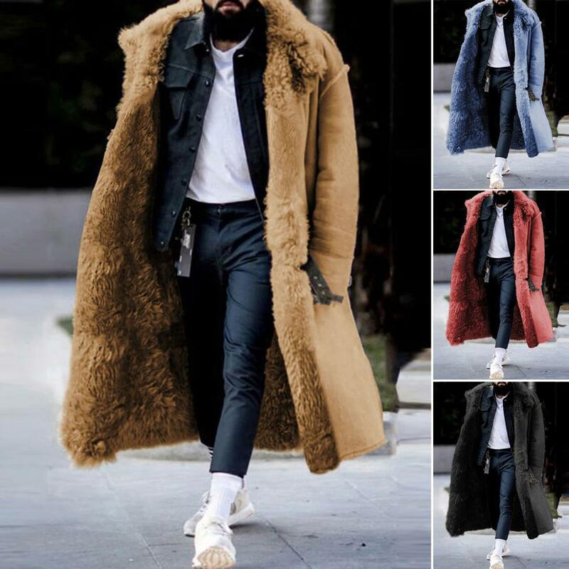 معطف رجالي بأكمام طويلة من الفرو الصناعي ، سترة واقية طويلة ، معطف دافئ ، جيوب سميكة ، طول ميدي ، أزرار خارجية ، ترف ، شتاء