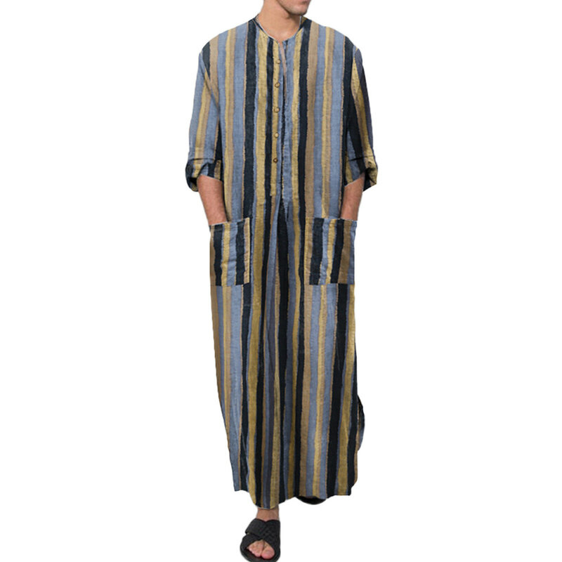 Men Ethnic Robe Vintage Striped Long Sleeve Muslim Kaftan Robe O Neck Buttons Islam Thobe Pockets Dubai Arabic Muslim Clothing
