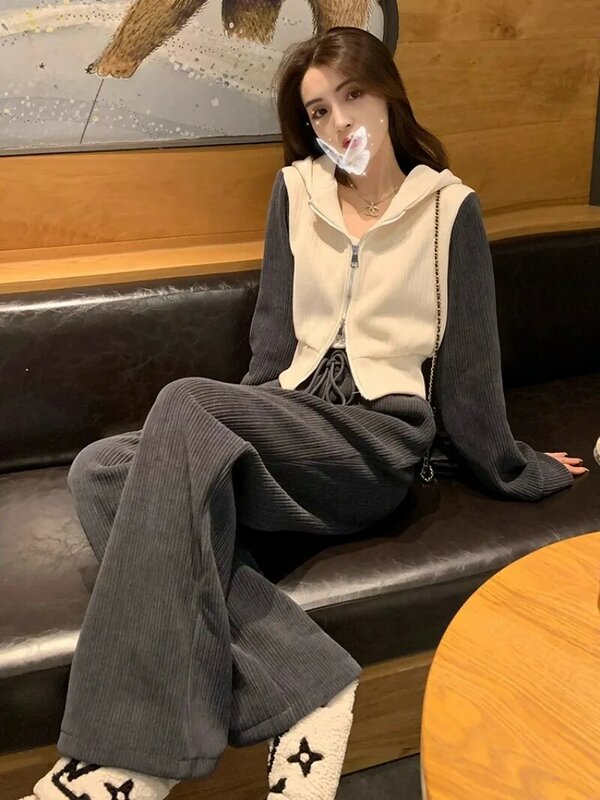 Korean Fashion Hooded Sweatshirt Pants Two-piece Set Women Contrast Color Drawstring Double Zipper College Casual Sports Suit