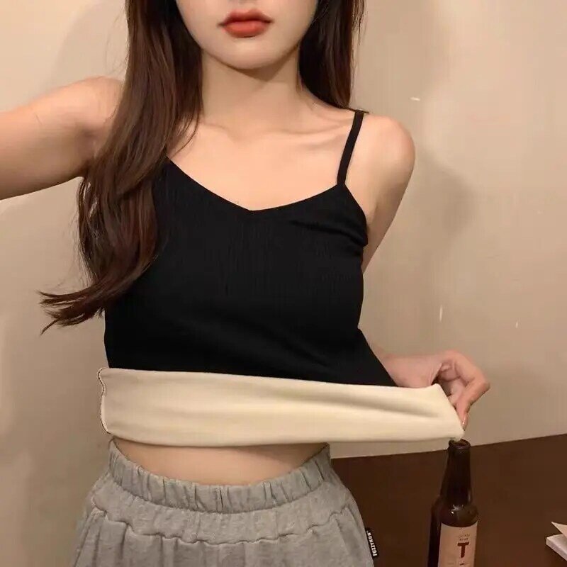 Winter Velvet Thickened Undershirt Tops Women Solid Slim Cozy Thermal Underwear Camisole Warm Sling Vest Top Bottoming Clothing