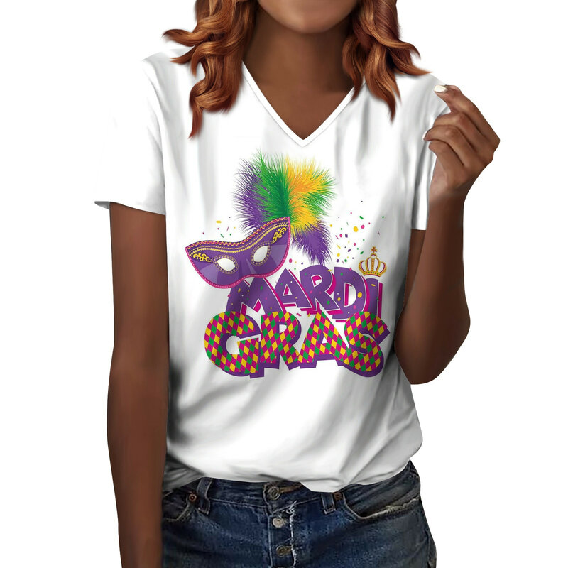 Damen Kurzarmhemd V-Ausschnitt Mode-Forward Karneval bedrucktes Hemd lässiges Oberteil, Raglan Kurzarm Top minimalist isch