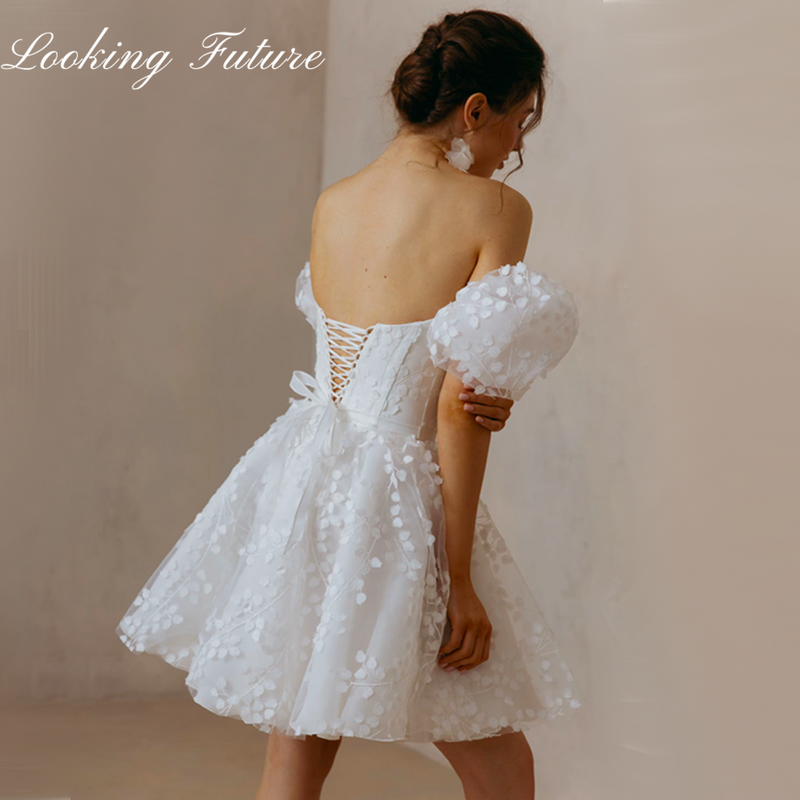Koronkowy Mini krótkie suknie ślubne sznurowany bufiasty bufiaste rękawy kwadratowy dekolt wesele suknie z linią bez pleców Vestido de Novia 2024