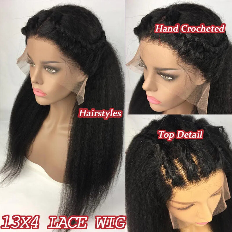 Peluca de cabello humano Natural para mujer, postizo de encaje frontal recto, HD 4x4, predesplumado, Yaki brasileño, cierre de encaje 13x4