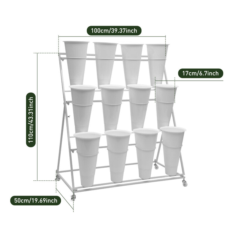 Flower Display Stand / 2x Buckets White Tapered Bucket / 3 Layers White Metal Plant Stand with Wheels
