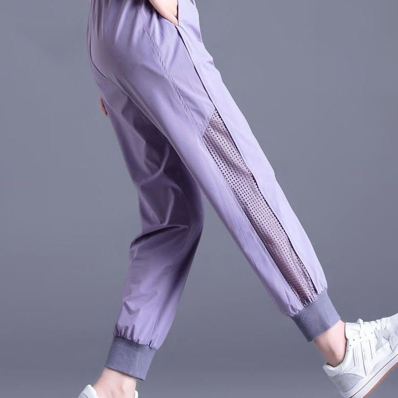 Pantalones deportivos con cordón elástico para mujer, de Color sólido ropa femenina, simple, informal, ahuecada, recortada, Verano