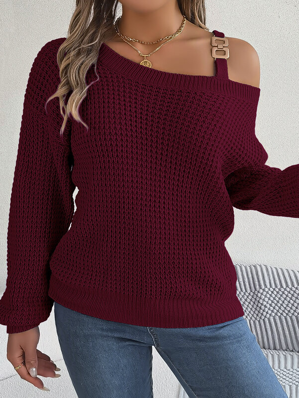 Blus Pullover wanita, Sweater untuk wanita musim gugur dan musim dingin mode warna Solid kasual kancing logam Splicing tanpa tali lengan lentera Pullover blus