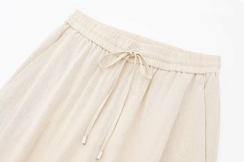 Donne 2024 New Chic Fashion tasche laterali pantaloni larghi in lino pantaloni Vintage a vita alta elasticizzati con coulisse donna