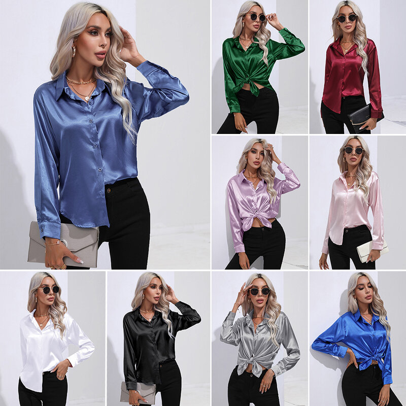 Elegant Women's Satin Imitation Silk Long Sleeve Shirt Autumn/Winter Solid Office Lady Lapel Button Blouse Women Clothing S-XXL