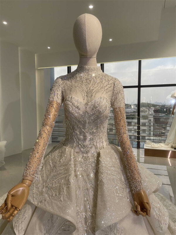 Jaket pernikahan, untuk gaun pengantin lengan panjang dalam kualitas tinggi dapat dilepas transparan Interior mewah manik-manik aksesoris pernikahan