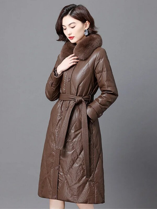 새로운 여성 겨울 가죽 다운 코트  패션 따뜻한 리얼 폭스 퍼 칼라 양가죽 다운 재킷 캐주얼 롱 아우터 스플릿 가죽