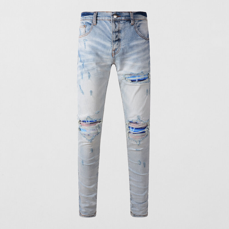 Jeans rasgado retro azul claro dos homens, calças de marca designer, moda de rua alta, designer, Hip Hop