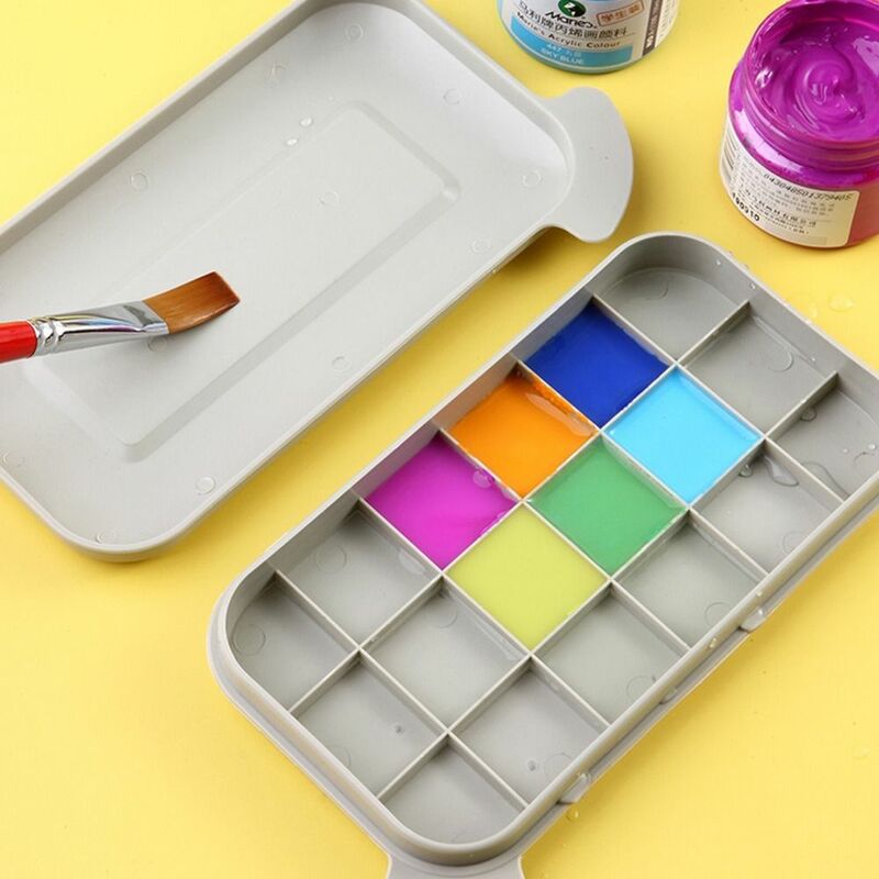 Caja de almacenamiento de pintura Gouache, limpiador de pinceles de pintura multifuncional para artistas, soporte de pincel de pintura de 16 agujeros con paleta de pintura con tapa
