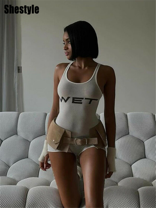 Shestyle Natte Letter Playsuit Transparant Witte U-Hals Mouwloze Korte Broek Sexy Casual Bodycon Sportkleding Dropshipping Rompers