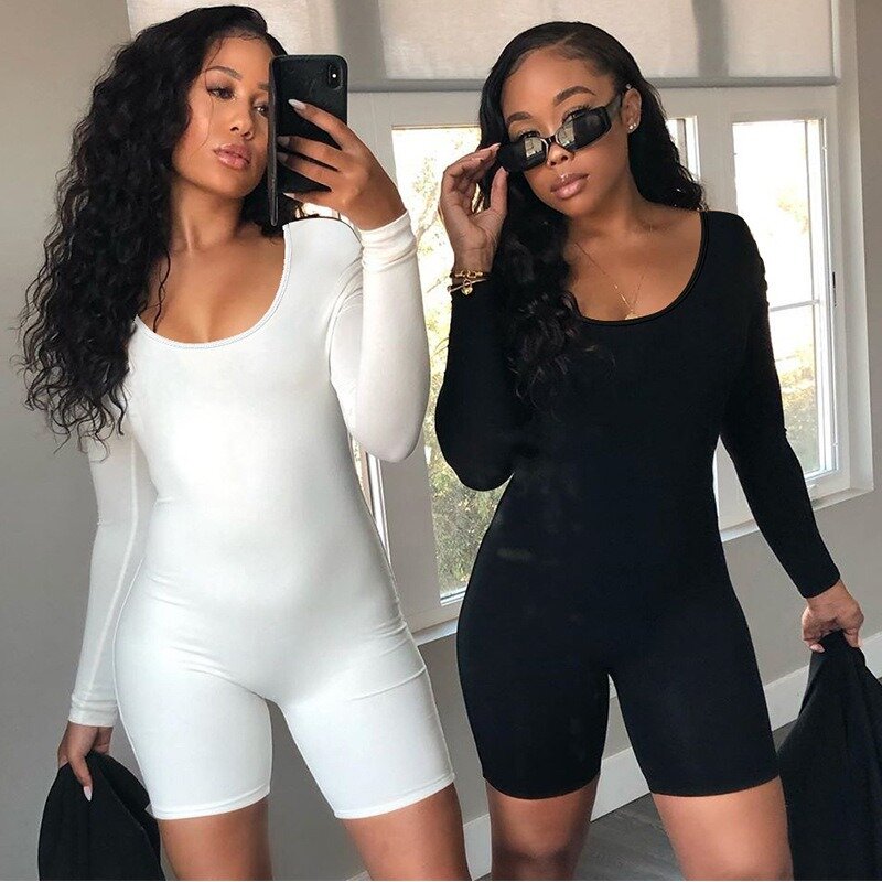 Women's Solid Sporty Bodycon Rompers Autumn Square Neck Long Sleeve High Waist Casual Skinny Playsuit Trend Jogger Streetwear