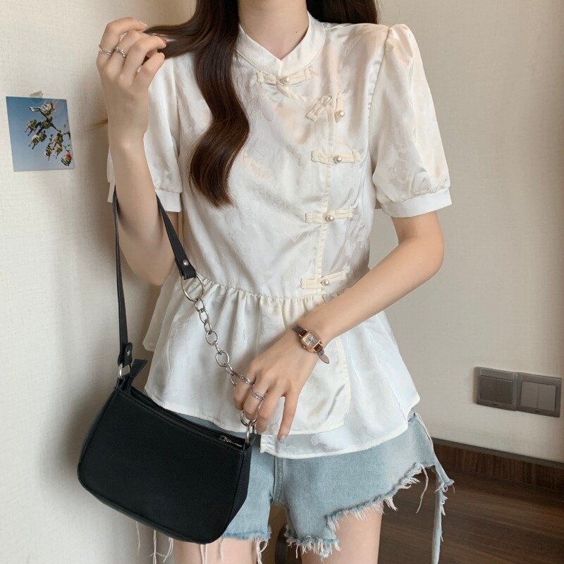 Miiiix-Camisola de manga bolha de gola em pé com botão chinês feminino, camisa de design original, nova, verão, 2022