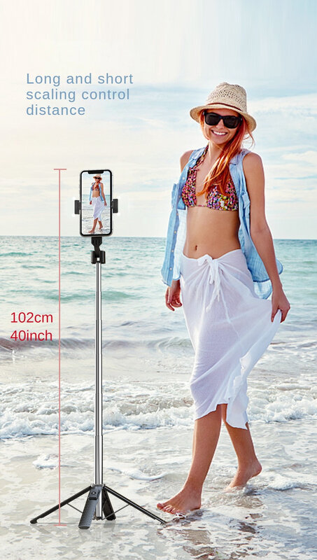 The hot-selling wireless Bluetooth selfie stick with remote control, phone bracket with 1-meter height and four-corner support.