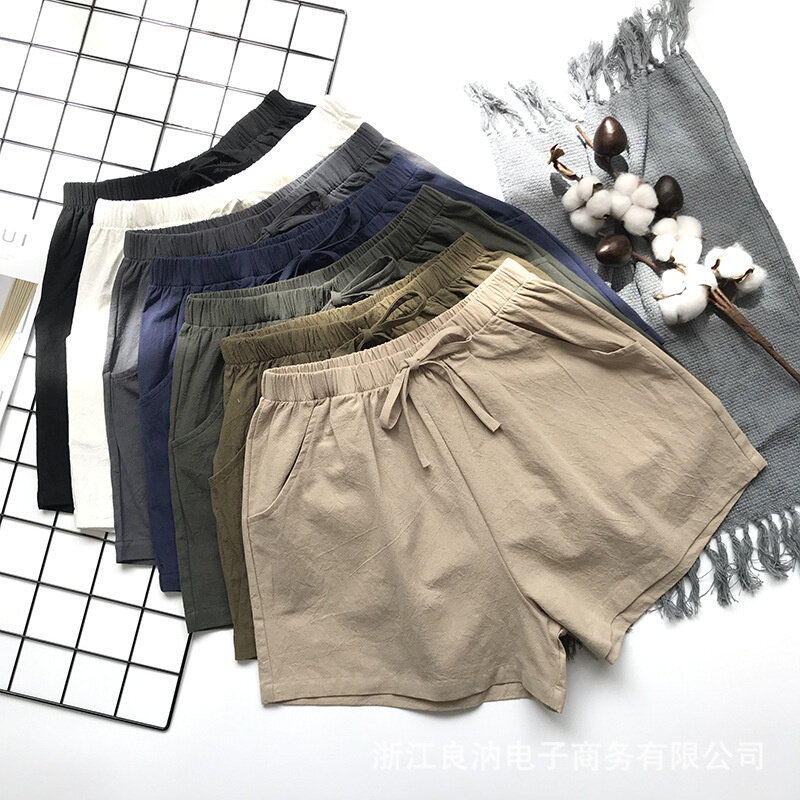 Pantalones cortos deportivos de lino y algodón para mujer, Shorts negros de cintura alta, informales, básicos, a la moda, Verano