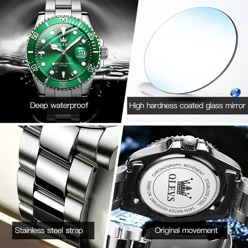 นาฬิกาควอทซ์สแตนเลสผู้ชาย OLEVS นาฬิกาควอทซ์สีเขียวกันน้ำปฏิทินนาฬิกาข้อมือของผู้ชายที่มีคุณภาพสูงเรืองแสง