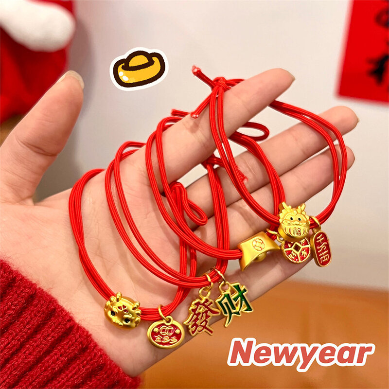 Faixa de cabelo do ano do dragão Lucky Cat, corda dos desenhos animados, faixa vermelha, pulseiras, anel de mão, presente de ano novo infantil, 2024