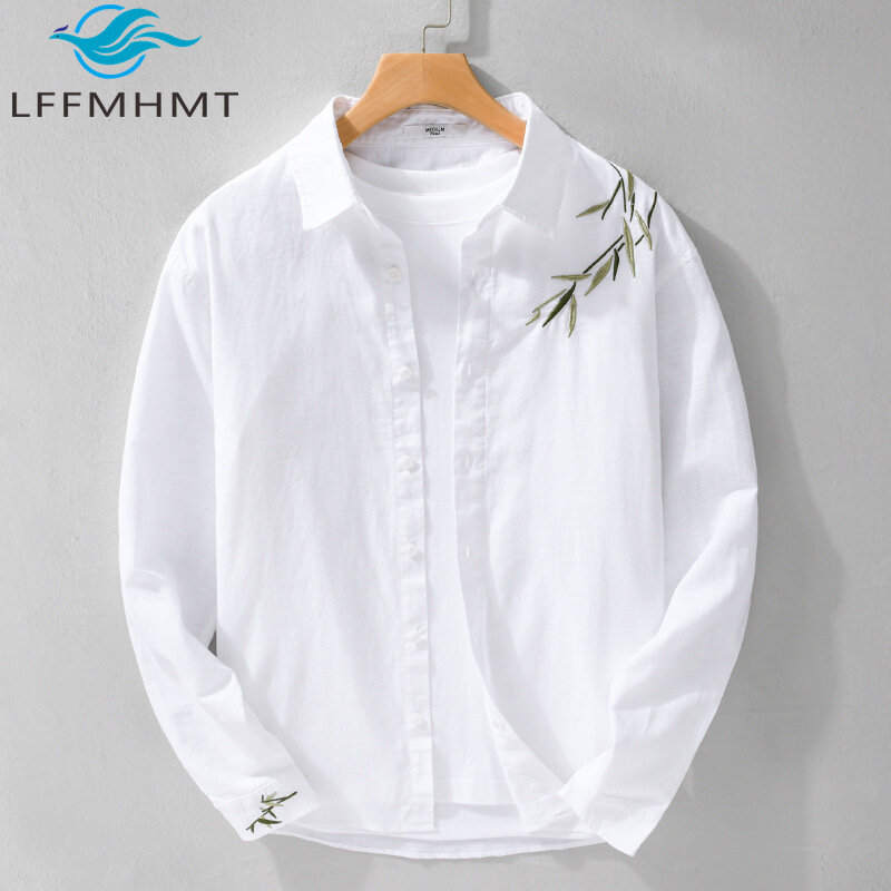 Camisas informales de lino y algodón con bordado de hojas creativas de estilo chino, blusa clásica de manga larga a la moda para primavera y verano, 9551