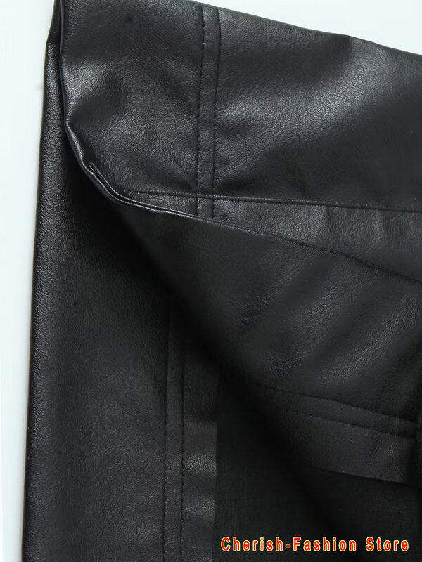 Jaqueta de couro feminina curta solta casual, preta, manga comprida, botão, lapela aberta, bolso, nova
