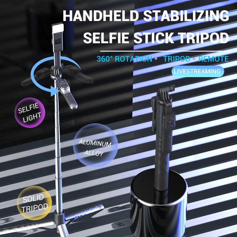FANGTUOSI-sem fio Selfie Stick Tripé Stand, monopé dobrável, luz LED, apto para Smartphones, Balance Shooting, Live, Firme, 1700 milímetros