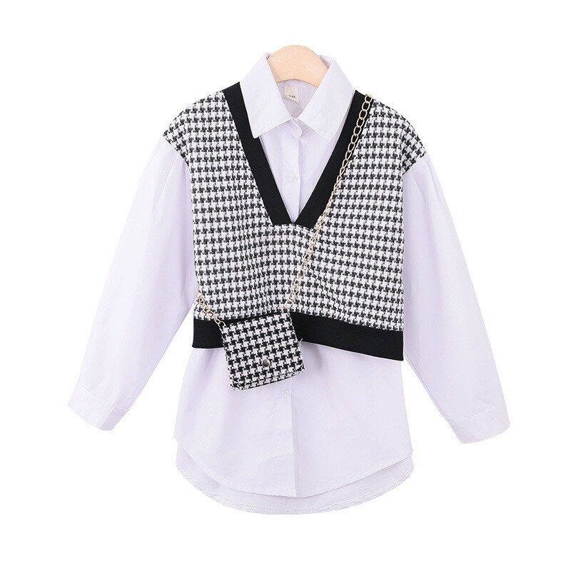 Conjunto de dos piezas para niños y niñas, blusa blanca con costura falsa, suéter bonito, primavera y otoño, 2023